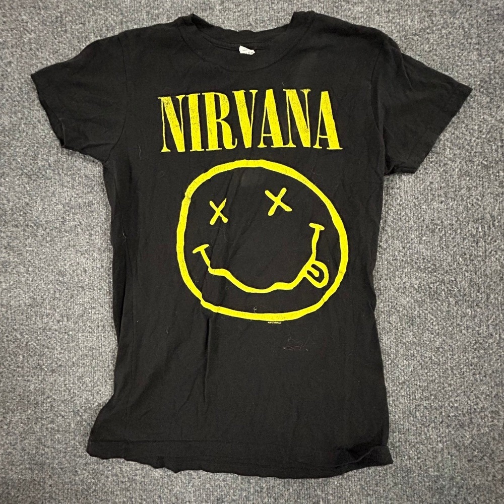 Nirvana T-Shirt Womens Size S Black Smiley Face Graphic Logo Grunge Rock Tee